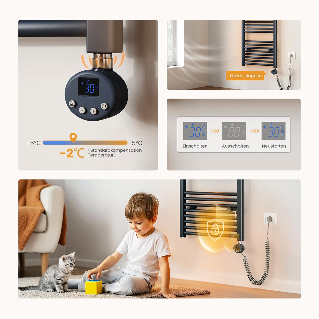 EMKE WiFi Badheizkörper Elektrisch 1200x600 mm - Gebogen Handtuchheizkörper Elektrisch, Elektrischer Handtuchtrockner Handtuch Heizkörper Bad mit Thermostat und Heizstab - 600W, Anthrazit