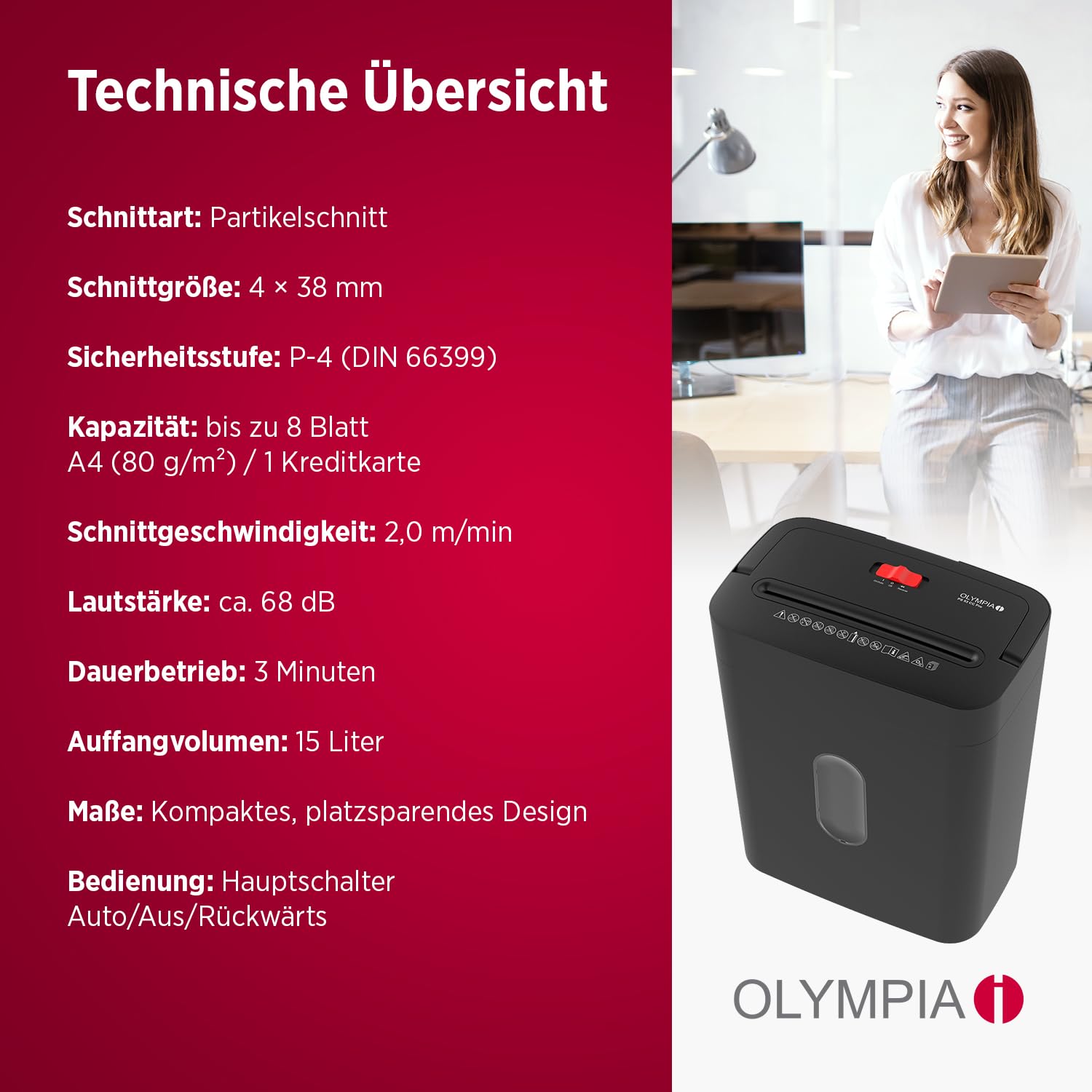 OLYMPIA PS 54 CC Pro Aktenvernichter | Papierschredder mit Partikelschnitt 4×38 mm | Schredder Aktenvernichter für Home Office | Shredder Papier 8-Blatt | Mit universal Aufsatz | Paper Shredder