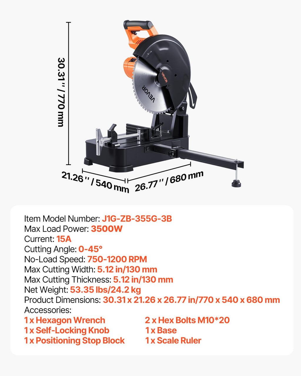 VEVOR Kappsäge Gehrungssäge mit 355 mm Edelstahl-Kaltschnittsägeblatt & 3500 W bürstenlosem Motor & 750–1200 U/min, Metallkappsäge für quadratische & flache Metallrohre, I-förmige Stähle