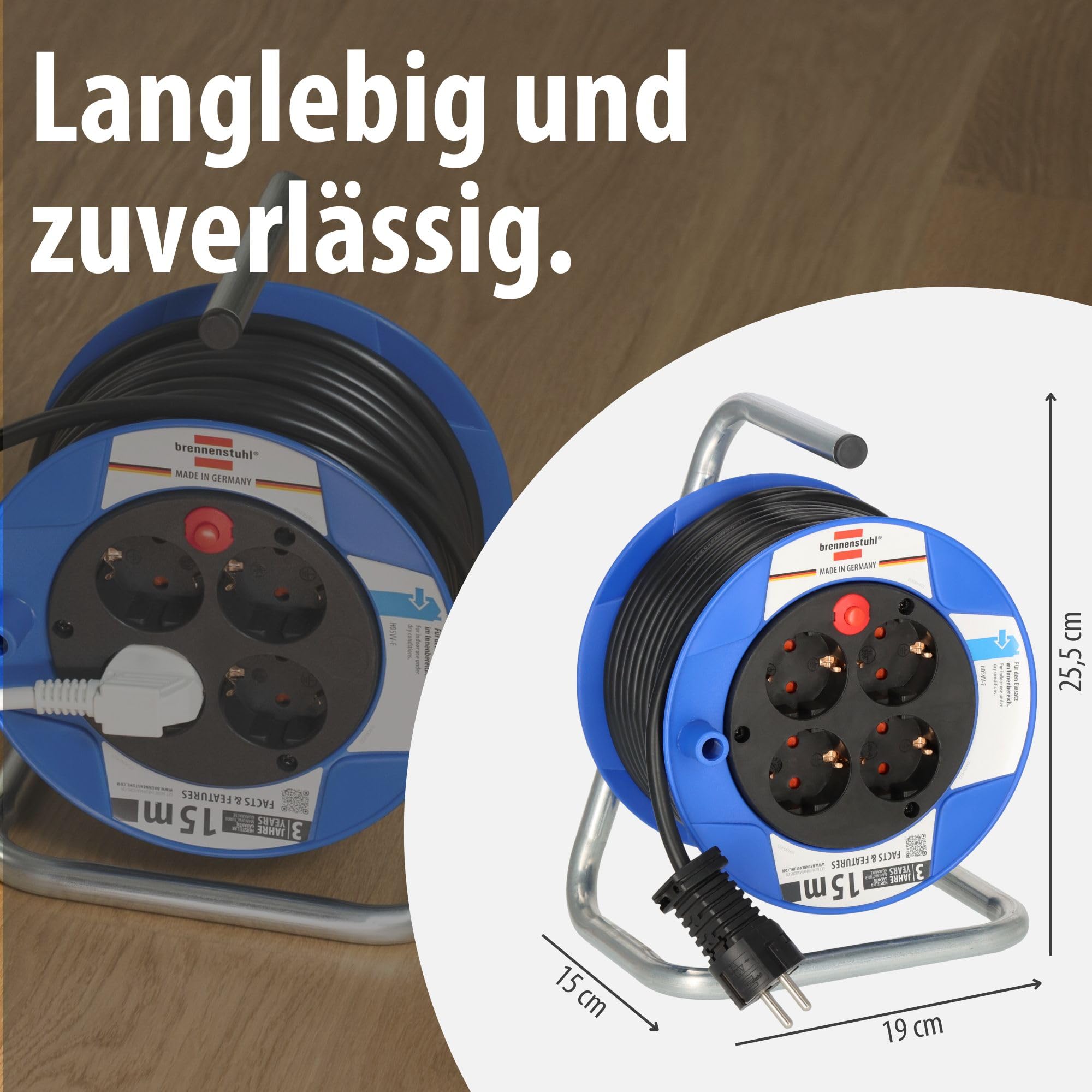 Brennenstuhl Garant Kompakt Kabeltrommel/Kabelrolle mit 4 Steckdosen (15m Kabel in schwarz, aus Spezialkunststoff, Made in Germany)