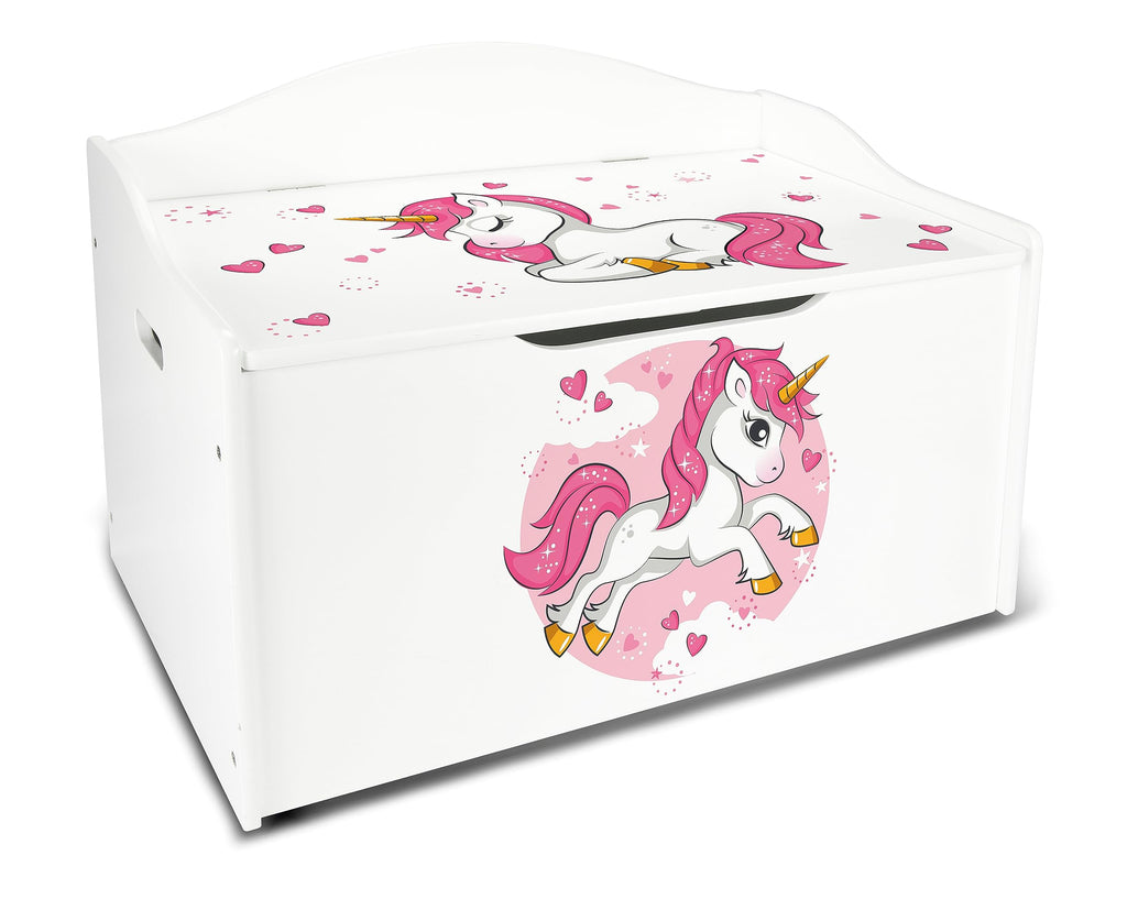Leomark Kinderbank Hölzerne - UV-Druck: Rosa Einhorn - Kindertruhenbank, Behälter für Spielzeug, Truhe für Kinderzimmer, Höhe: 46 cm