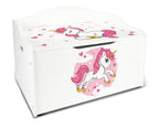 Leomark Kinderbank Hölzerne - UV-Druck: Rosa Einhorn - Kindertruhenbank, Behälter für Spielzeug, Truhe für Kinderzimmer, Höhe: 46 cm