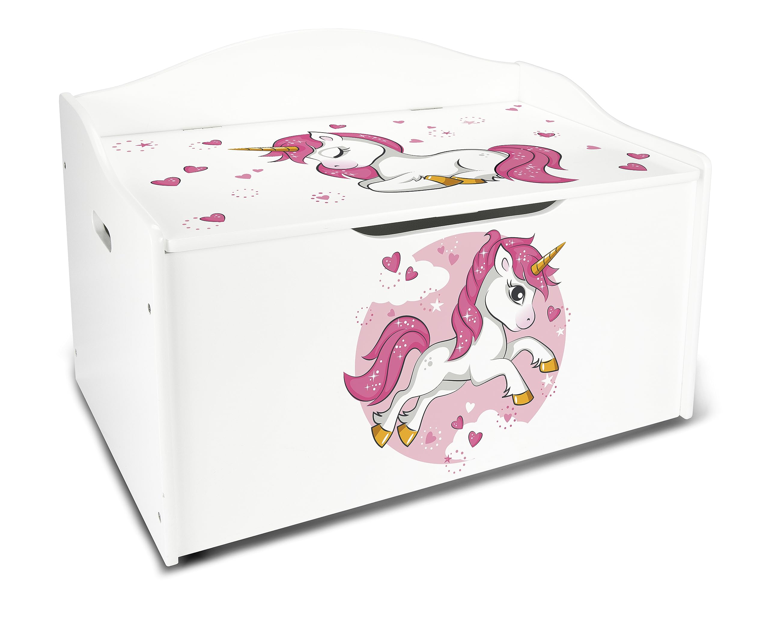 Leomark Kinderbank Hölzerne - UV-Druck: Rosa Einhorn - Kindertruhenbank, Behälter für Spielzeug, Truhe für Kinderzimmer, Höhe: 46 cm
