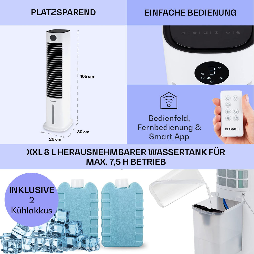 Klarstein Luftkühler mit Wasserkühlung, 5-in-1 Verdunstungskühler, Luftbefeuchter, Ventilator & Luftreiniger, Mobile Klimageräte Luftkühler mit App-Steuerung, 80W Air Cooler, 462m³/h Luftstrom
