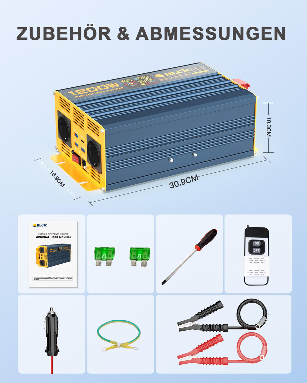 HLCJC Spannungswandler 1200W/2400W Reiner Sinus- Wechselrichter 12V auf 230V, 2X EU Steckdose, mit 1x USB-C, 3xUSB-A Schnellladung, LCD-Anzeige für Wohnmobil LKW KFZ