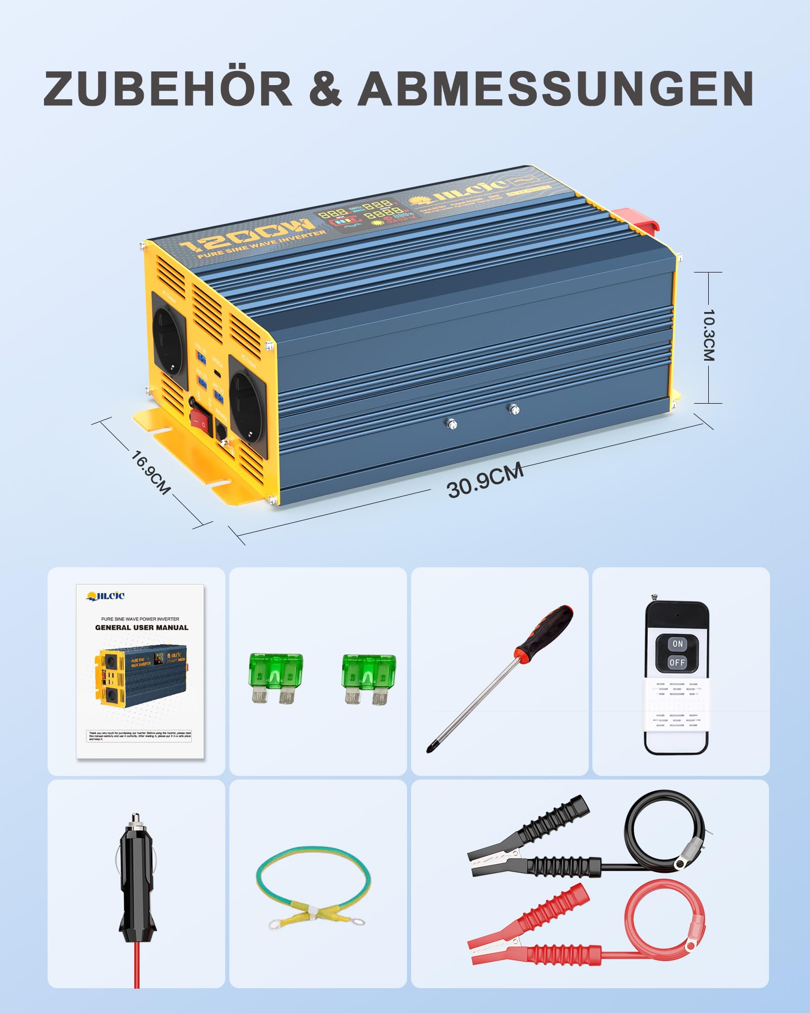 HLCJC Spannungswandler 1200W/2400W Reiner Sinus- Wechselrichter 12V auf 230V, 2X EU Steckdose, mit 1x USB-C, 3xUSB-A Schnellladung, LCD-Anzeige für Wohnmobil LKW KFZ