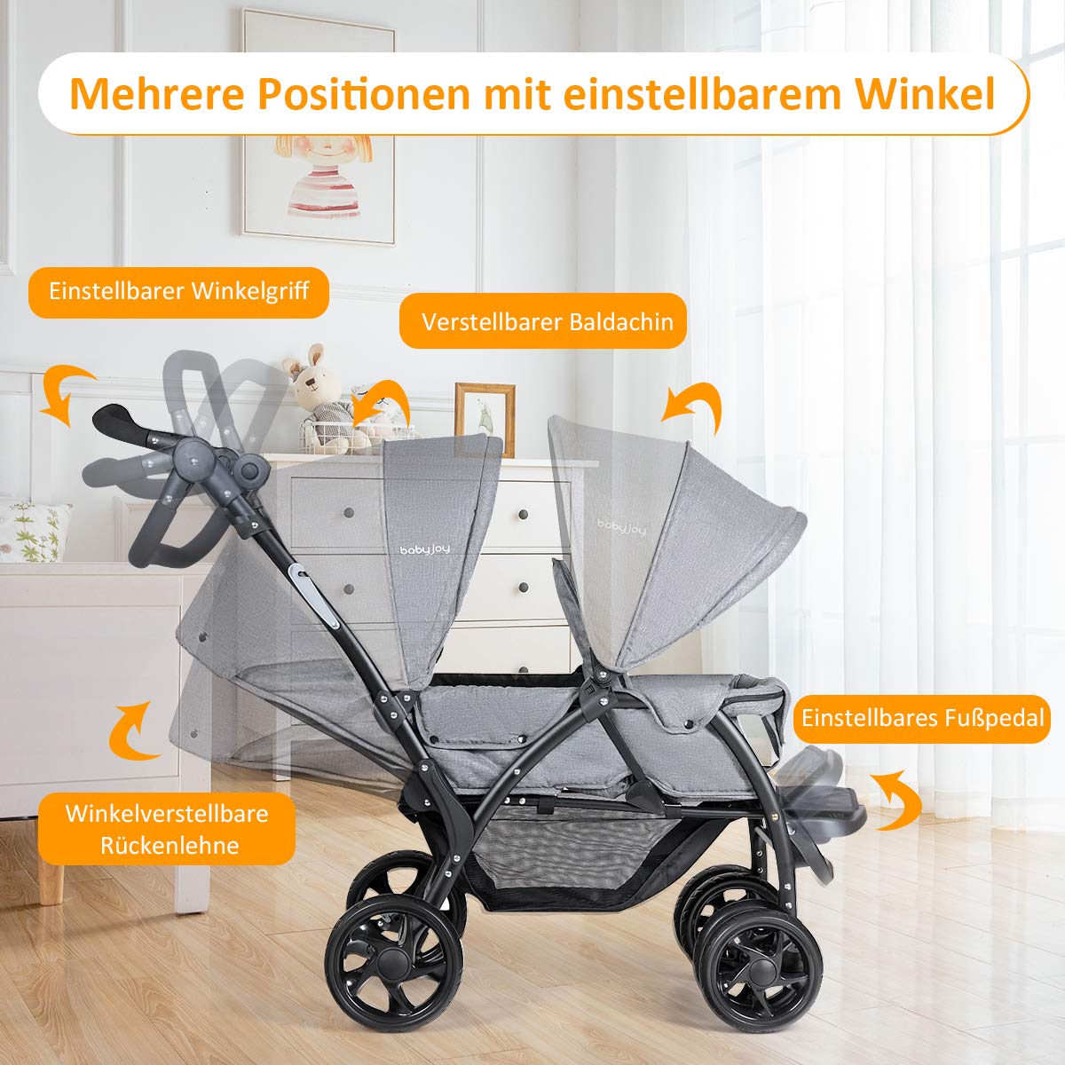 GOPLUS Geschwisterwagen Zwillingswagen, Kinderbuggy Klappbar, Buggy Zwilinge, Kinderwagen Babybuggy, Babywagen Grau, für Babys ab 6 Monate (Grau)