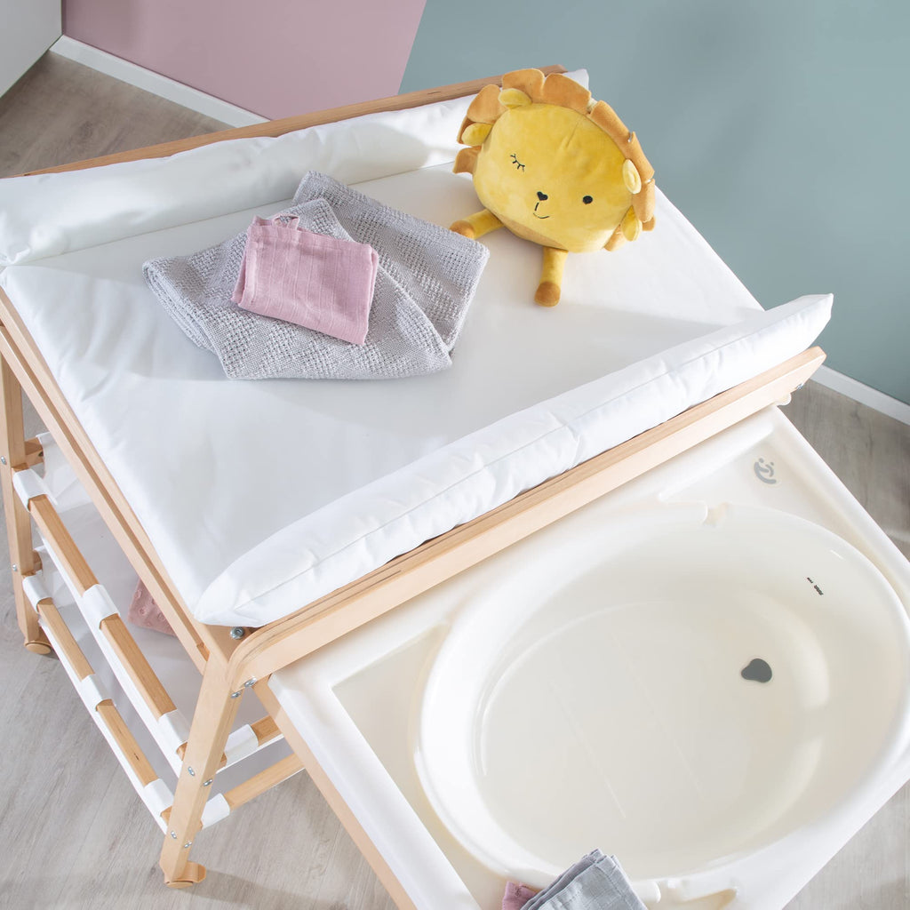 roba Bade Wickel Kombi Baby Pool - Wickeltisch ausziehbar mit integrierter Badewanne - Mobile Kombination aus Holz natur - Inkl. Wickelauflage weiß, 1 Stück (1er Pack)
