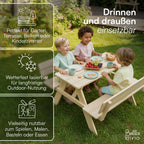 Bellabino Inny Kindersitzgruppe für 4 Kinder – Kindertisch mit 2 Bänken mit Lehne – Sitzbank Outdoor 30cm Höhe – Kinder Sitzgruppe in Natur aus Kiefernholz unbehandelt – Kinderbank für den Garten