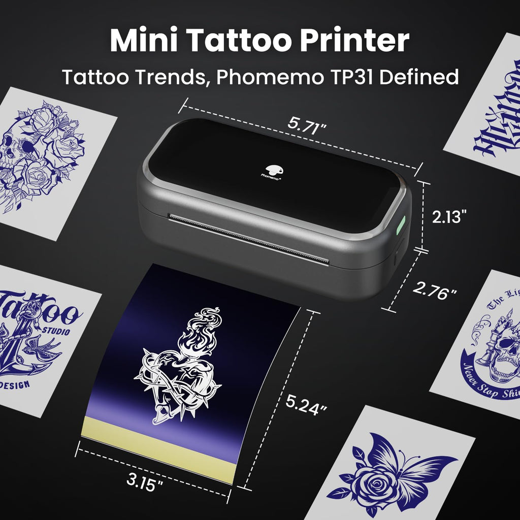 Phomemo TP31 Tattoo Drucker, Aufgerüstet Mini Tattoo Stencil Drucker 3 Zoll, Tattoodrucker mit 30pcs Papier für Anfänger, Tätowierer, Tattoo Printer Bluetooth Kompatibel mit Smartphone, Tablet