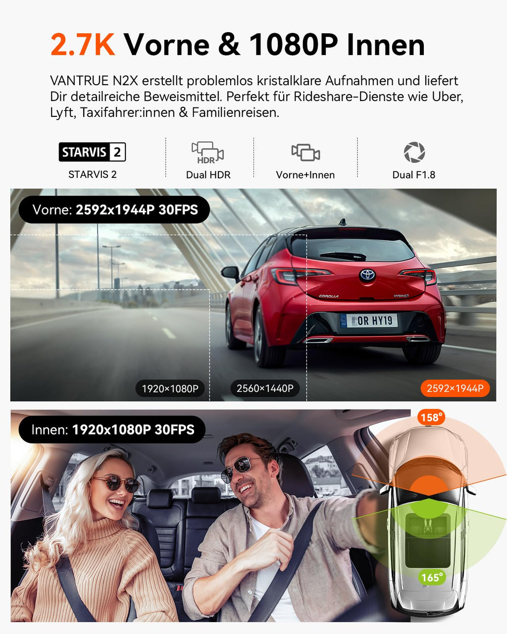 VANTRUE N2X 2.7K+1080P Dashcam Auto Vorne Innen, STARVIS 2 Dual HDR Nachtsicht Dash Cam, 2.5K/60FPS Front, GPS, 5GHz WiFi, App & Sprachsteuerung, 2″ 323° Dasch-Cam 24/7 Parkmodus, G Sensor, max. 1TB