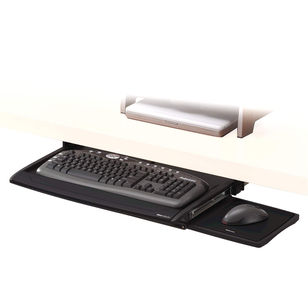 Fellowes Tastaturschublade ausziehbar, zur Montage unter dem Schreibtisch, höhenverstellbar, mit Mausablage und Handgelenkauflage, schwarz