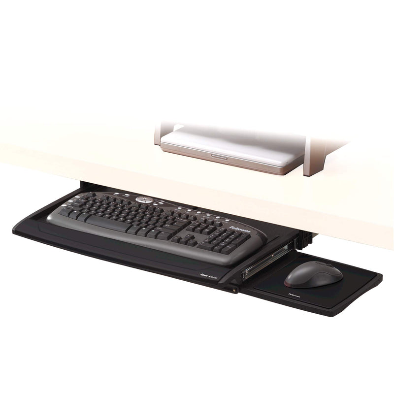 Fellowes Tastaturschublade ausziehbar, zur Montage unter dem Schreibtisch, höhenverstellbar, mit Mausablage und Handgelenkauflage, schwarz