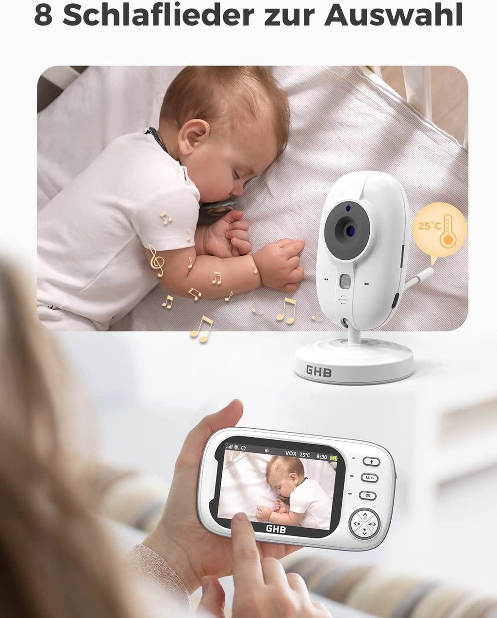 GHB Babyphone mit Kamera 3,5 Zoll Video Baby Monitor mit VOX Modus Nachtsicht Gegensprechfunktion Schlaflieder