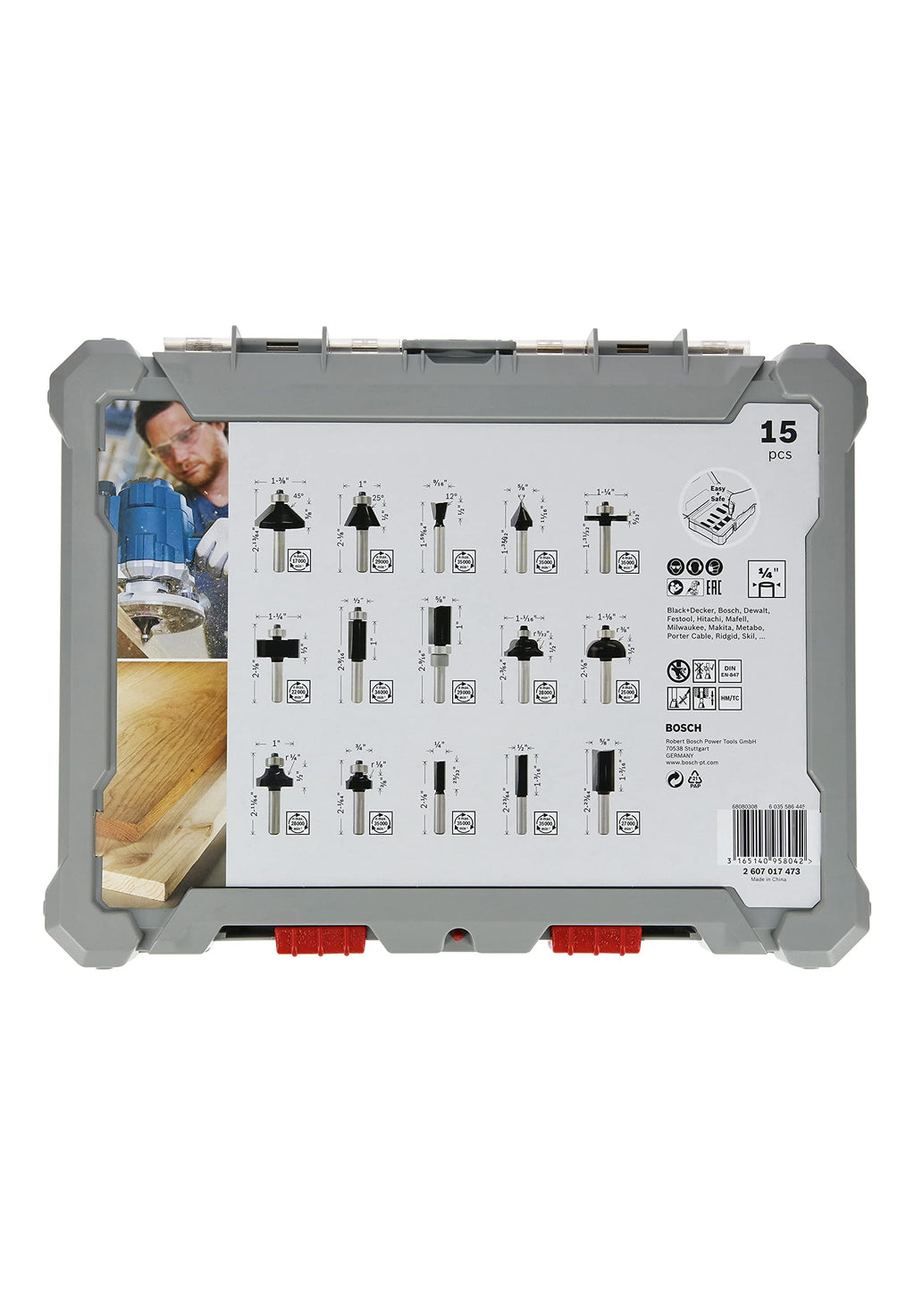 Bosch Professional 15tlg. Fräser Set Mixed (für Holz, für Oberfräsen mit 1/4 Zoll Schaft)