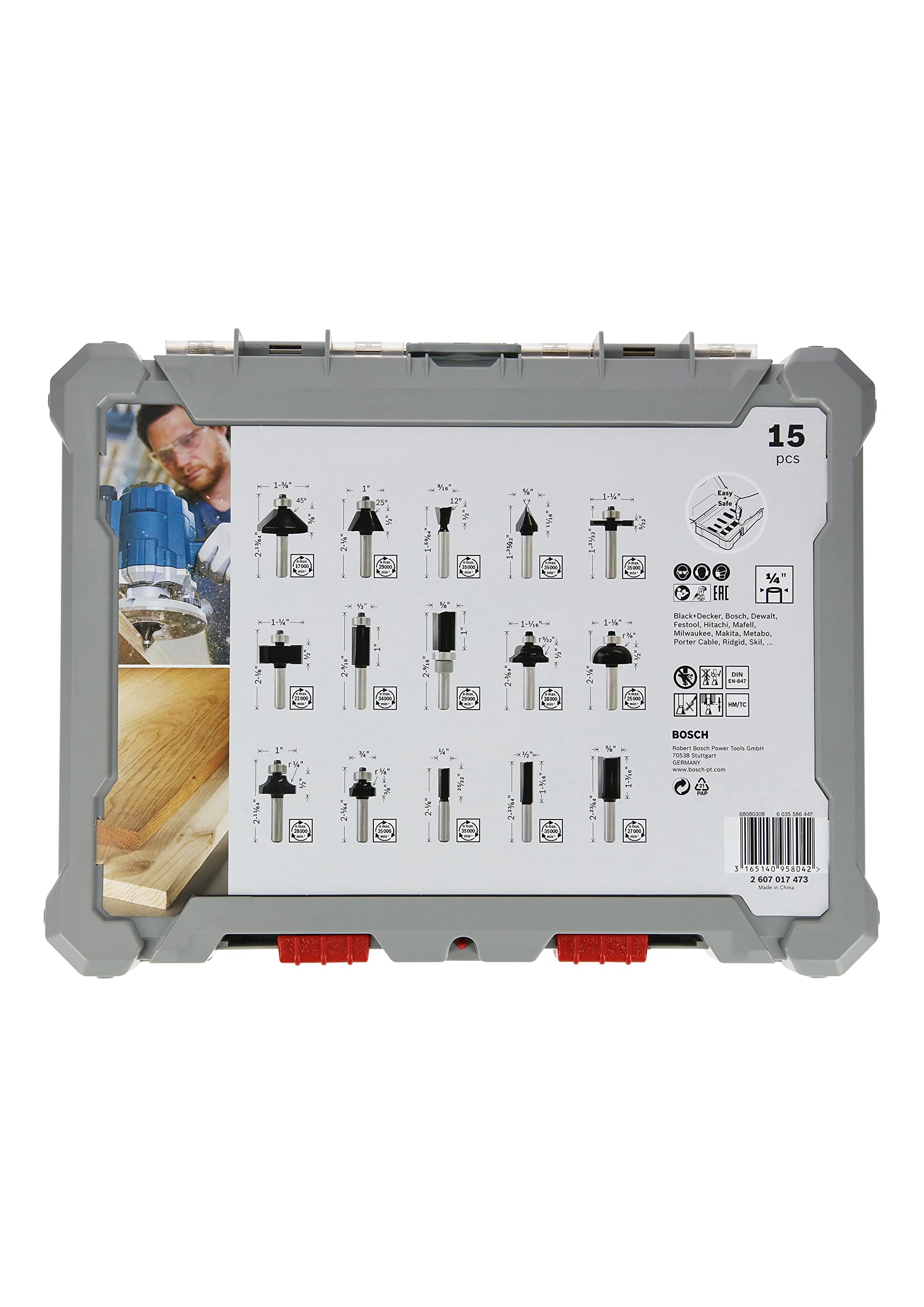 Bosch Professional 15tlg. Fräser Set Mixed (für Holz, für Oberfräsen mit 1/4 Zoll Schaft)