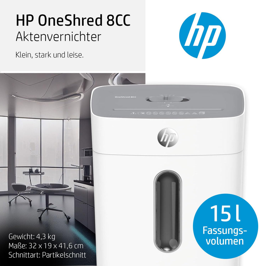 HP OneShred 8CC Aktenvernichter P4 | Schredder Aktenvernichter mit Cross Cut Partikelschnitt | Papierschredder für Zuhause & Büro | 8 Blatt Schnittleistung | Shredder Papier mit 15L Auffangbehälter