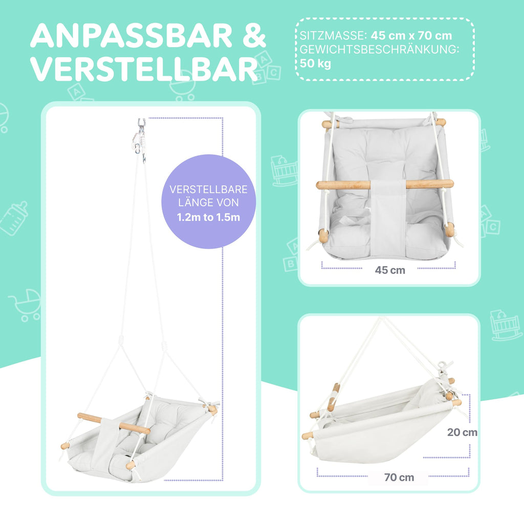 Leinwand Baby Hängematte Schaukel von Cateam - Hängende Schaukel aus Holz für Baby mit Sicherheitsgurt und Montageteilen. Baby Hängemattenstuhl Geburtstagsgeschenk. (Elfenbein)