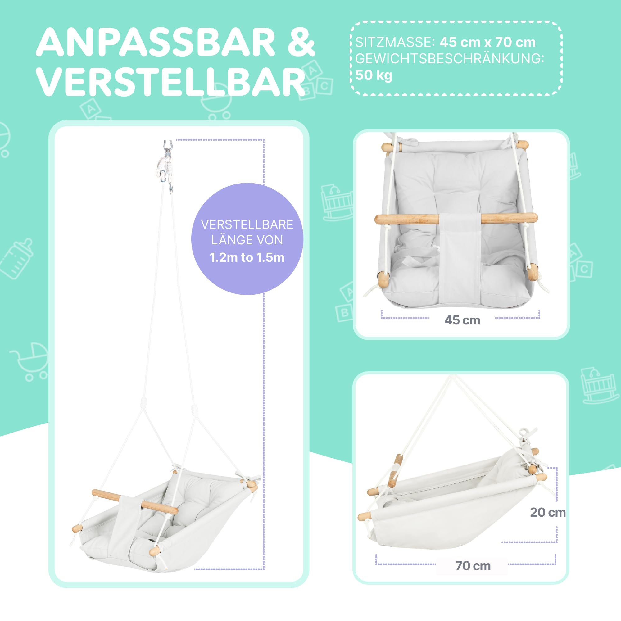 Leinwand Baby Hängematte Schaukel von Cateam - Hängende Schaukel aus Holz für Baby mit Sicherheitsgurt und Montageteilen. Baby Hängemattenstuhl Geburtstagsgeschenk. (Elfenbein)