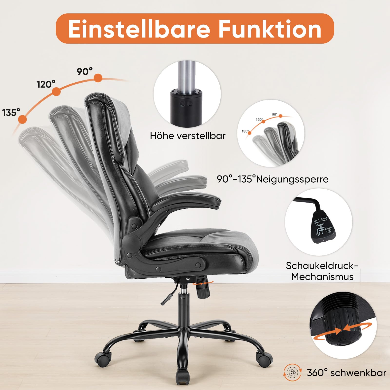 Sweetcrispy Chefsessel PU Leder Bürostuhl Ergonomisch, Schreibtischstuhl mit Hochklappbaren Armlehnen, Ergonomischer Computerstuhl mit Hoher Rückenlehne, Gaming PC Drehstuhl für Arbeit Ruhe, Schwarz