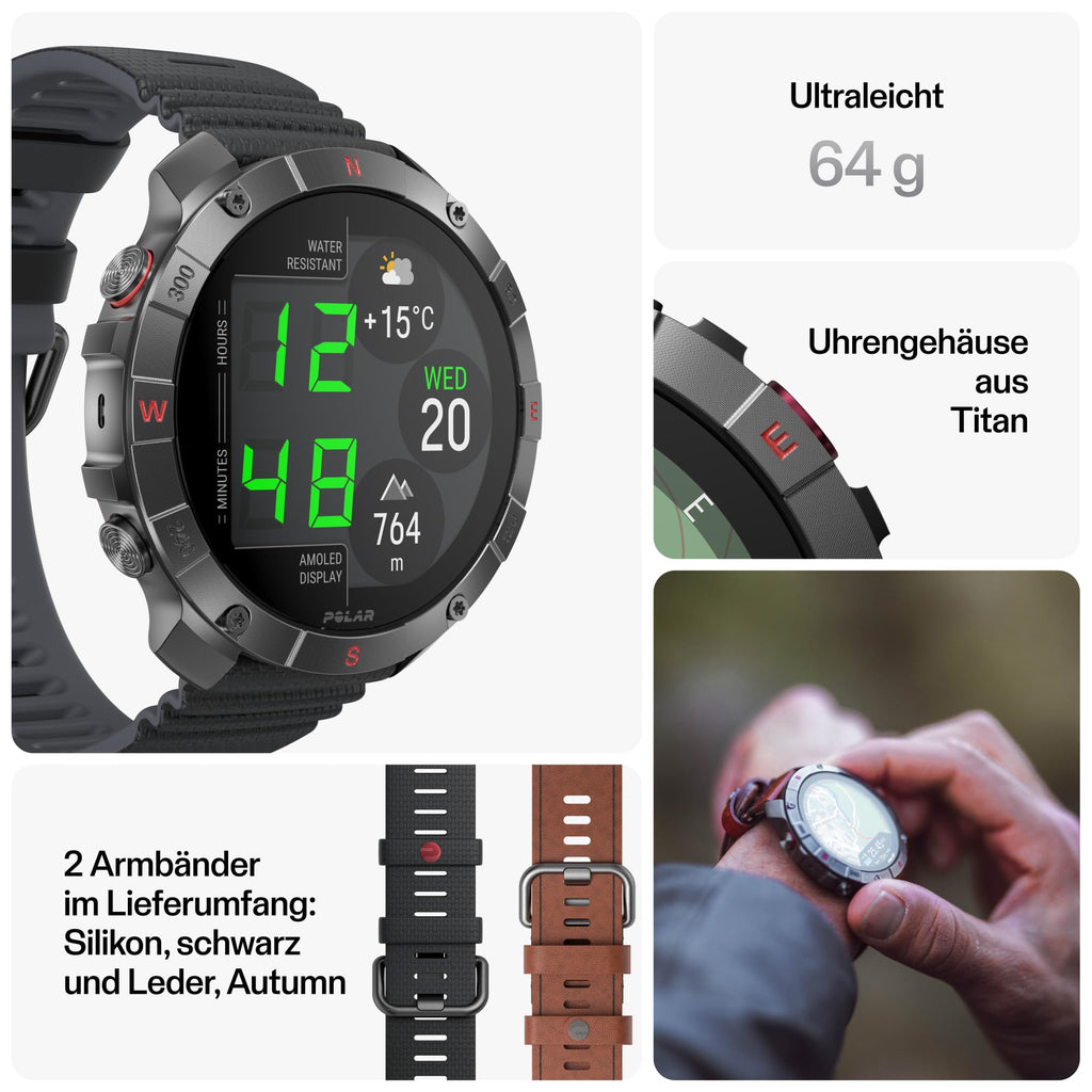 Montre Polar Grit X2 Pro Titan : Ultra robuste et performante, outils de Navigation avancés, détection de paramètres biologiques, suivi de l'entraînement et de la FC Avec Bracelet en Cuir en Plus.