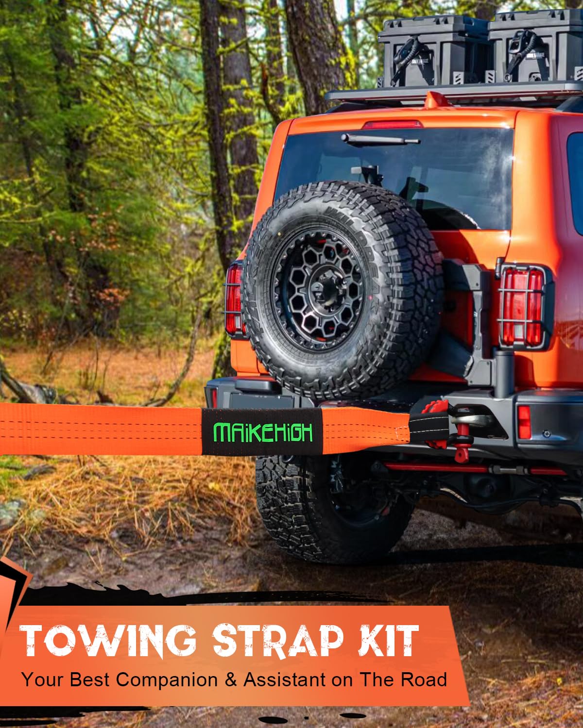 MAIKEHIGH Abschleppseil 15 Tonnen (33,700 Lbs), 6M x 7,6cm Abschleppgurt mit 2 Verbesserten Schäkeln Haken, 2 Handschuhen für Auto, LKW, SUV, Offroad (Orange)