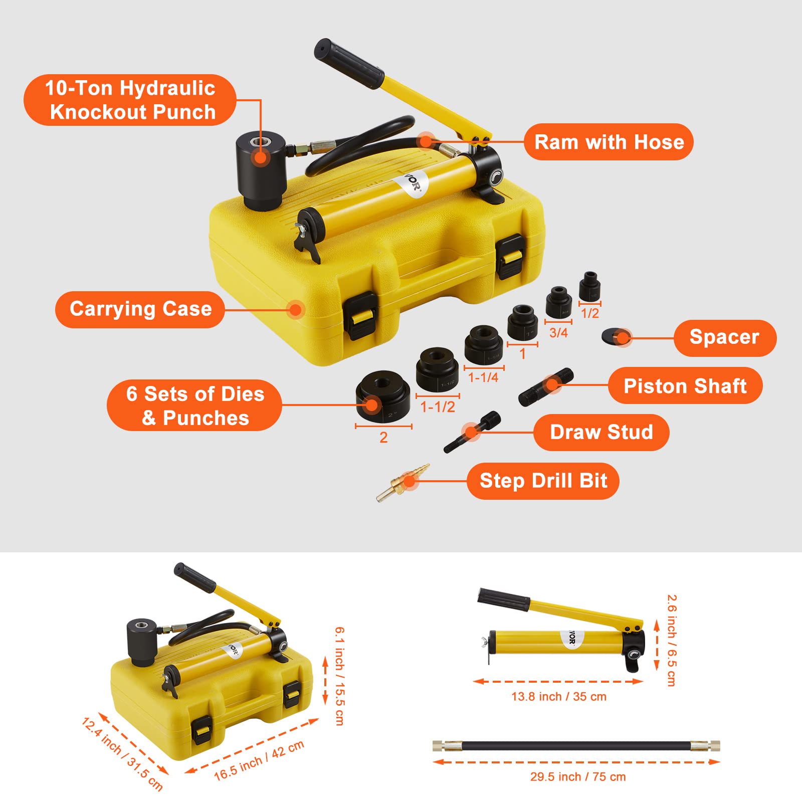 Mophorn 10T Hydraulischer Blechlocher Punch Set hydraulischer Locher Metall Kit Pumpe Lochgräber mit 6 Lochstempel Ram mit 80cm Hochdruckschlauch Knockout Punches Gelb