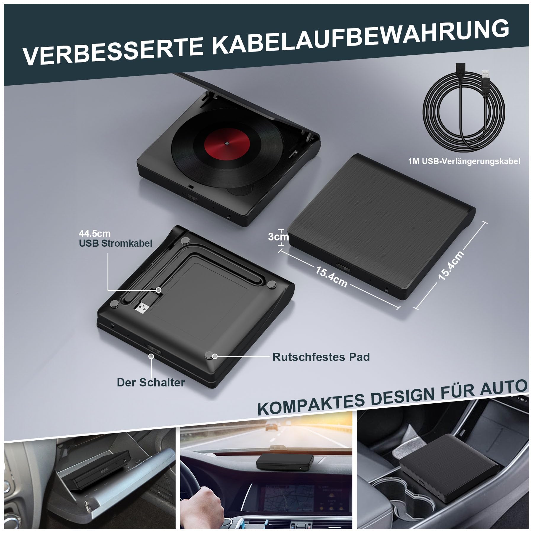 CD Player für Auto mit USB-Anschluss - Homlab Universal CD Laufwerk für Auto PKW LKW mit 1M USB-Verlängerungskabel, Externes CD Laufwerk für Laptop, PC, Fernseher, kompatibel mit Android Autoradio