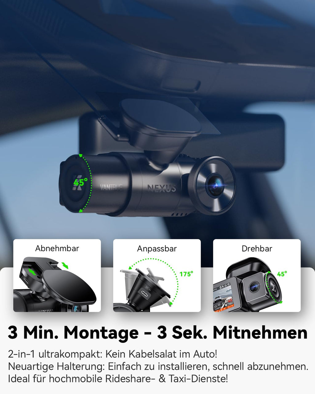 VANTRUE N2X 2.7K+1080P Dashcam Auto Vorne Innen, STARVIS 2 Dual HDR Nachtsicht Dash Cam, 2.5K/60FPS Front, GPS, 5GHz WiFi, App & Sprachsteuerung, 2″ 323° Dasch-Cam 24/7 Parkmodus, G Sensor, max. 1TB