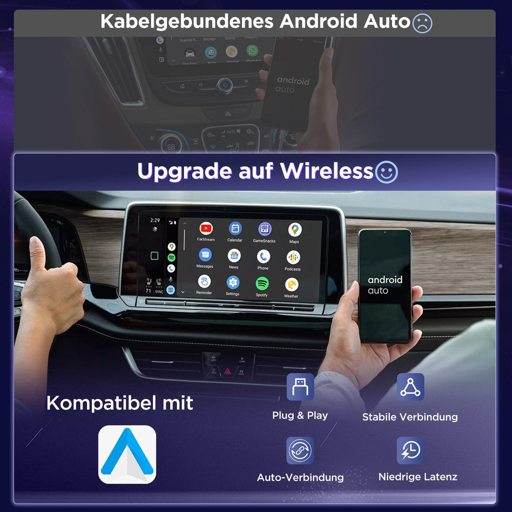 MSXTTLY Android Auto Wireless Adapter – 2026 U2AC-L9 Wandelt Ihre Wired in Wireless für Autos Radio mit Android Auto um, Kompatibel mit Android 11+, USB-C/A 5GHz WiFi Schwarz