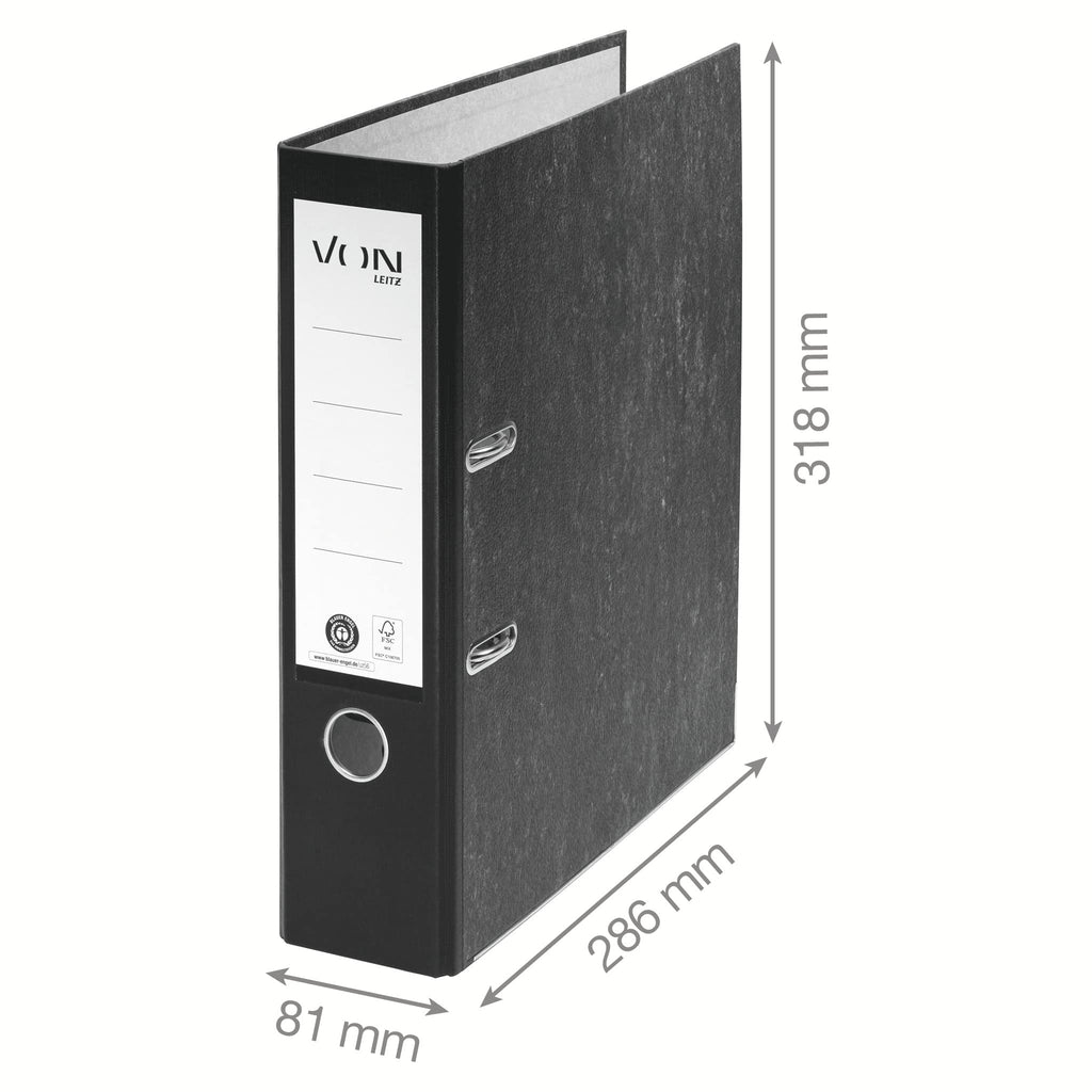 VON Leitz Ordner A4, 10er Pack, 100 % Recyclingpapier, 80 mm Rückenbreite, Für 600 Blatt, Blauer Engel & FSC-zertifiziert, Für Schule, Studium & Zuhause, Schwarz, 10530095
