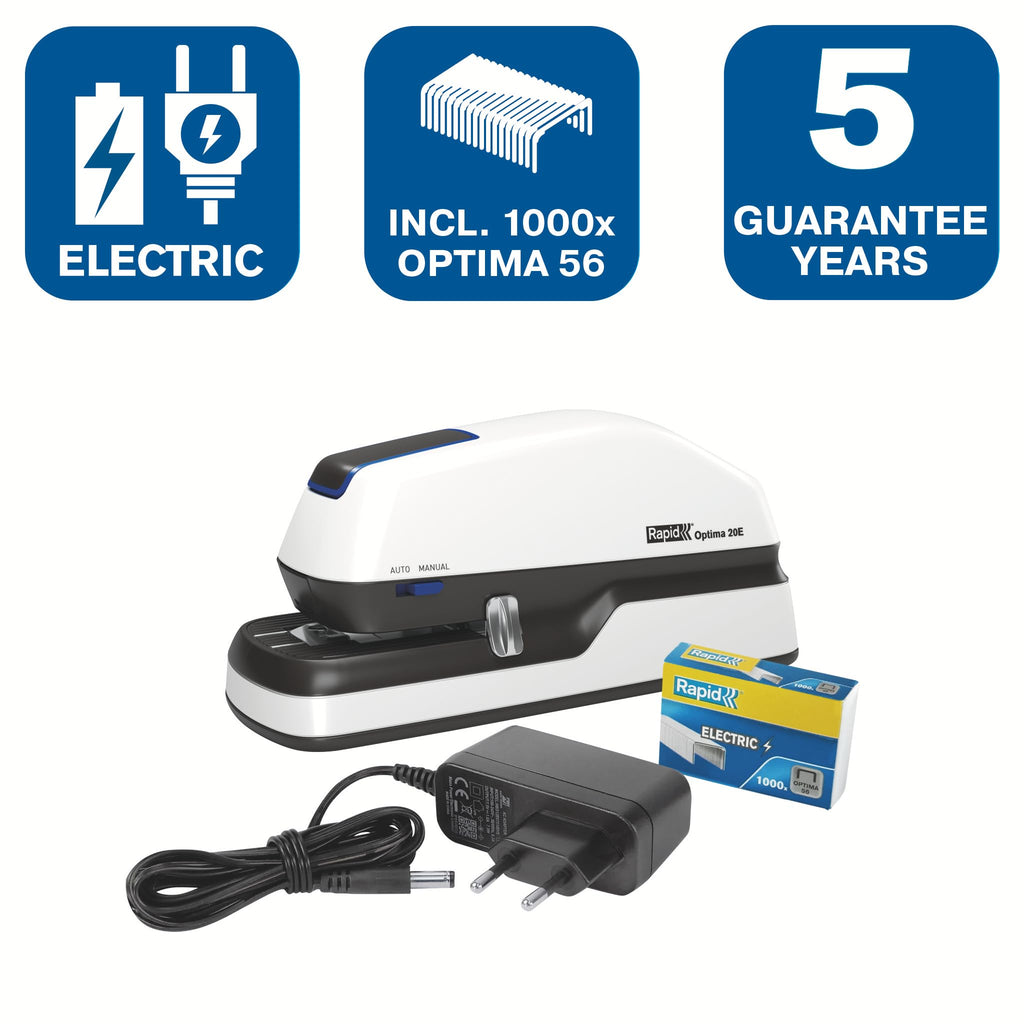 Rapid Optima 20E Elektrischer Tacker, Set aus Tacker und 1000 x Heftklammern, Kapazität 20 Blatt, mit LED-Anzeige, ideal für Büro und Home Office, 5 Jahre Garantie, Weiß, 2102351