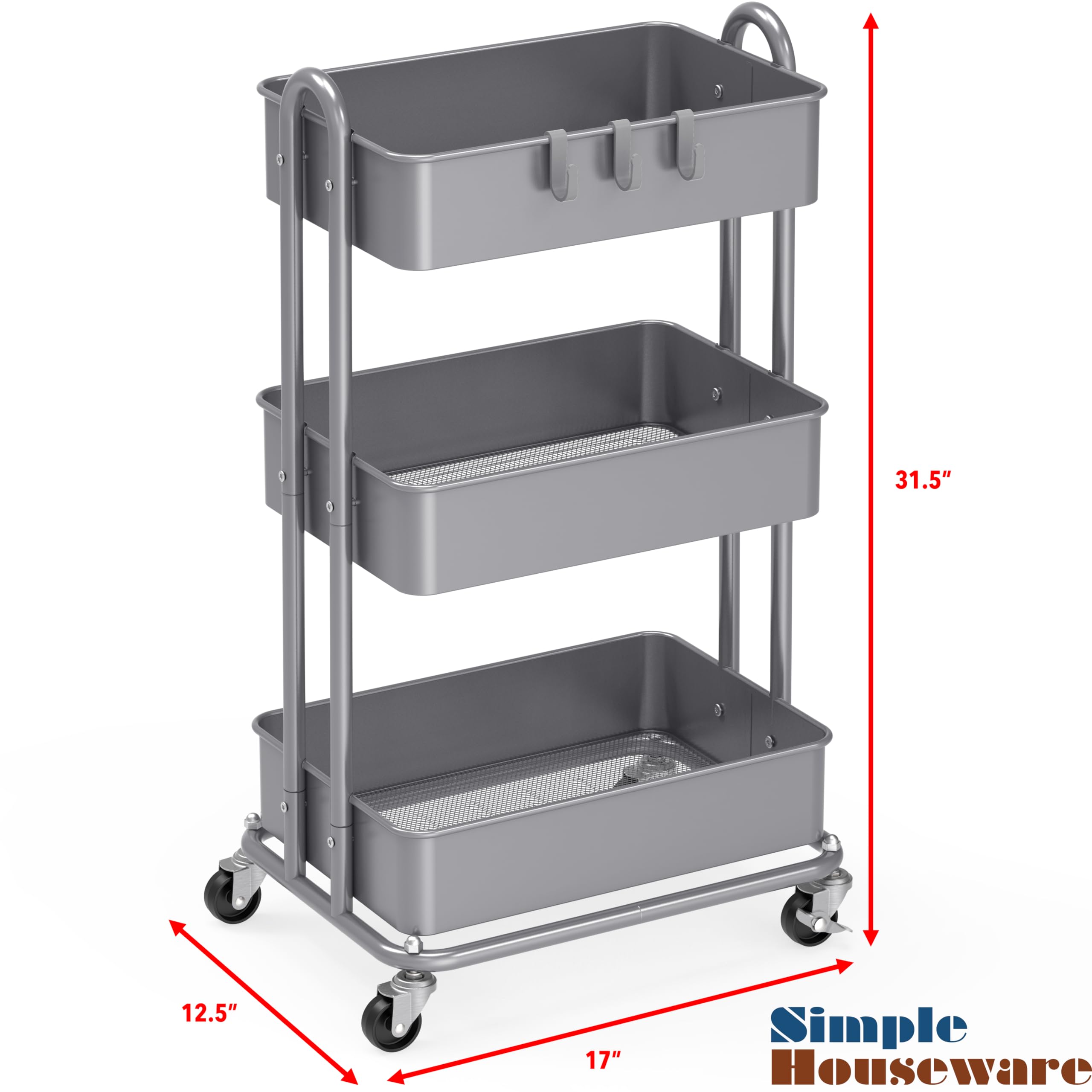 Simple Houseware Hochleistungs-Rollwagen mit 3 Ebenen aus Metall, Silber