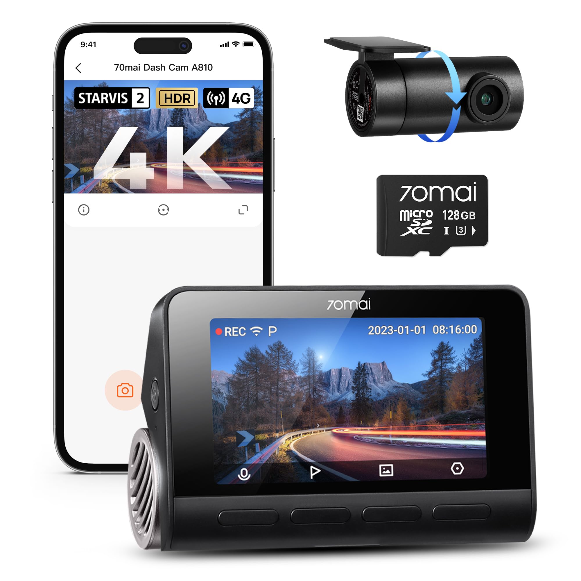 70mai 4K Dashcam A810, HDR Dual-Kanal Dash Cam mit 128GB SD-Karte, Sony STARVIS 2, Night Owl Vision, vorne und hinten 24/7 Parküberwachung, AI-Sensor, GPS, ADAS, WiFi&App Steuerung, bis zu 256GB