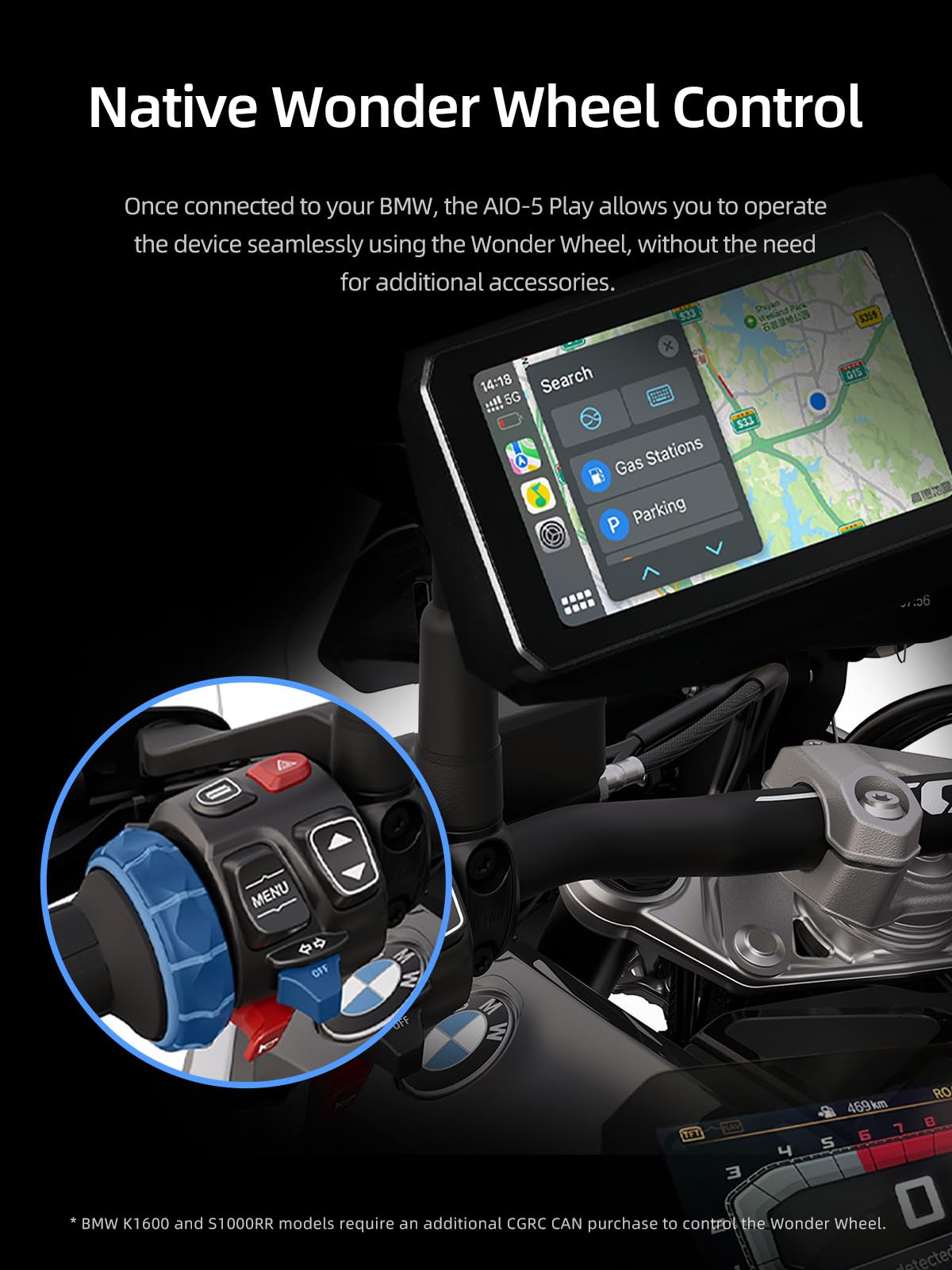 CHIGEE AIO-5 Play for BMW Motorcycles, 3-Pin Interface, Plug-and-Play Smart Display with Apple CarPlay & Android Auto, 60FPS, IP68 Waterproof, Built-in GPS, Anti-Theft Alarm, Data Reading