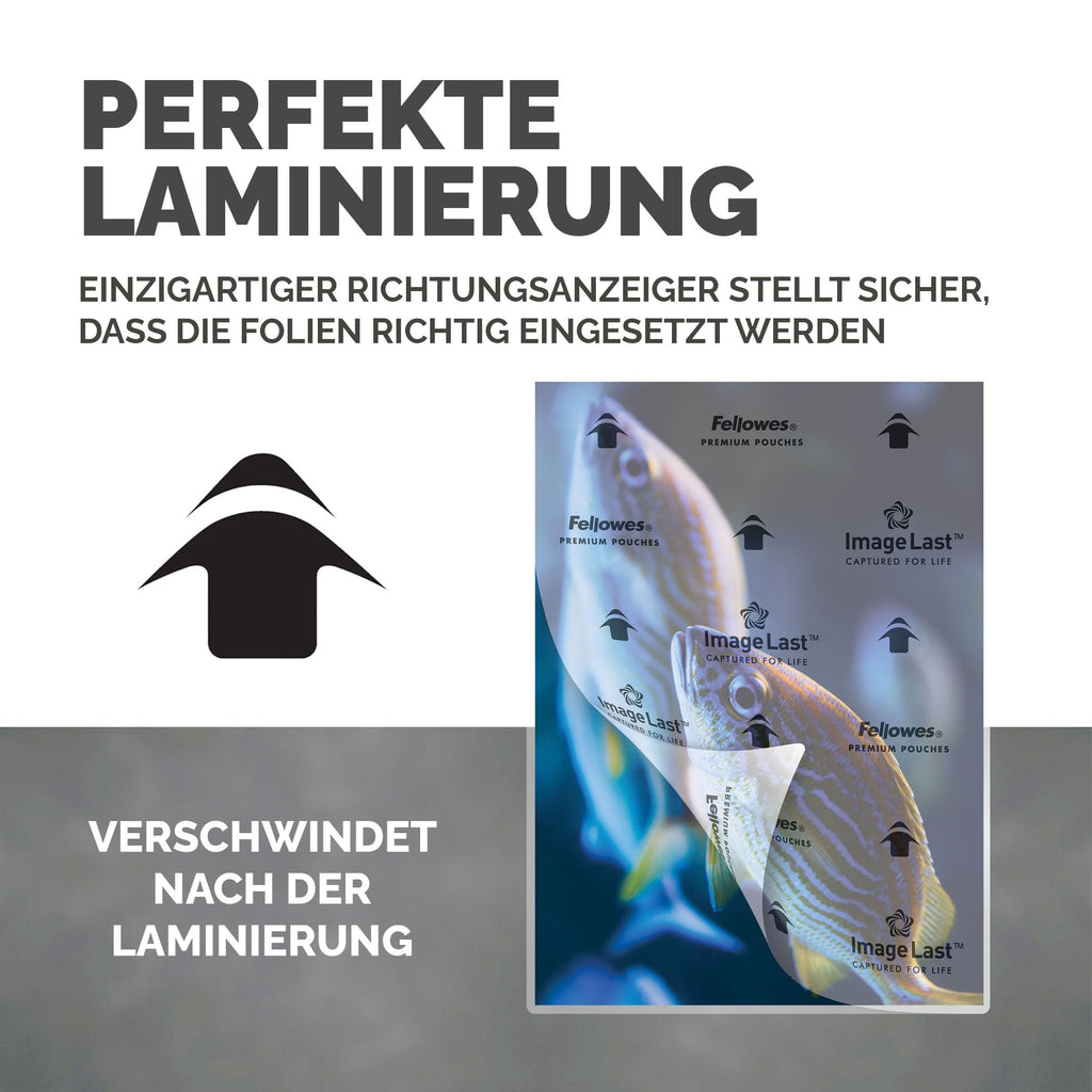 Fellowes Laminierfolien A3 ImageLast, 80 Mikron (2 x 80 Mikron), 100 Stück, transparent mit Ausrichtungshilfe. Ideal für Fotos und Informationshinweise mit optimalem Kontrast