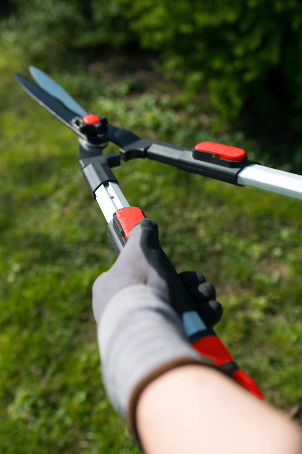 Meister Heckenschere - 2K-Teleskopgriffe - Extra lange Schneide - Wellenschliff & Antihaft-Beschichtung - Zum Zurückschneiden von Heckenpflanzen / Buchsschere / Gartenschere / Beidhandschere / 9769100, silber,schwarz,grün