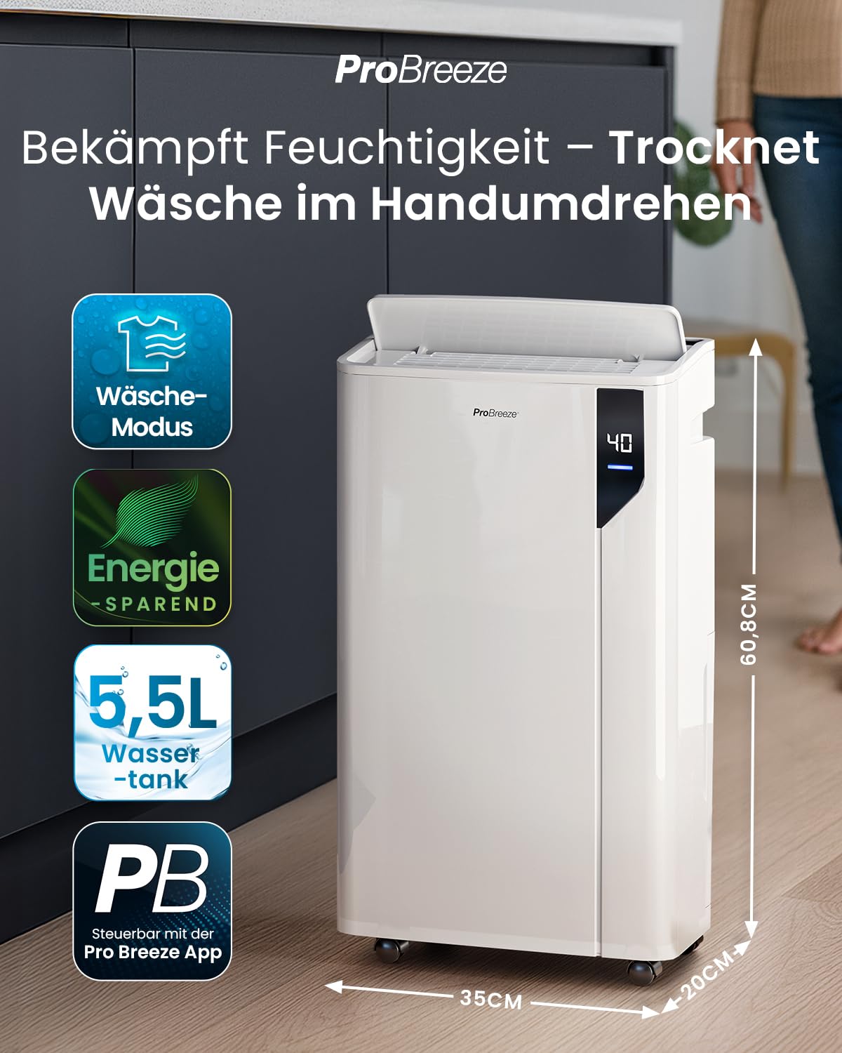 Pro Breeze 20L Smart Luftentfeuchter elektrisch - Luftentfeuchter mit Kompressor, Smart App Steuerung, Feuchtigkeitssensor, Luftfilter, Wäschemodus, Timer - Gegen Schimmel - Entfeuchter für bis 35m²