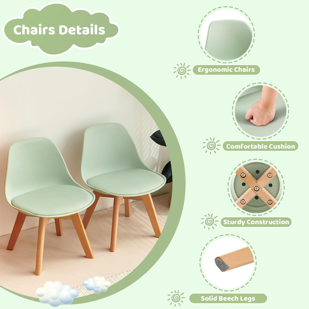 LuxNook Kindertisch mit 2 Stühlen, Kindersitzgruppe, aus FSC nachhaltigem massivem Buchenholz, 1 bis 6 Jahre Kinder, Kindermöbel für Kinderzimmer, Kindergärten, grün