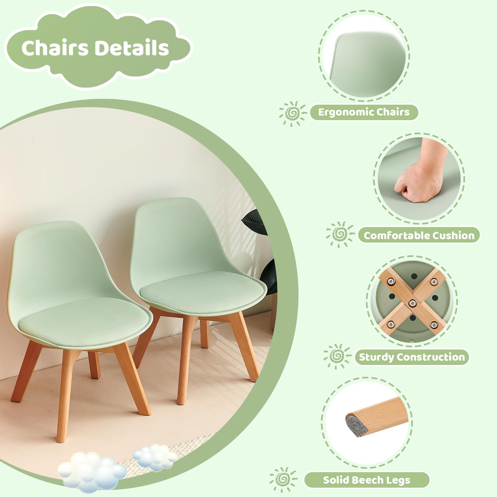 LuxNook Kindertisch mit 2 Stühlen, Kindersitzgruppe, aus FSC nachhaltigem massivem Buchenholz, 1 bis 6 Jahre Kinder, Kindermöbel für Kinderzimmer, Kindergärten, grün