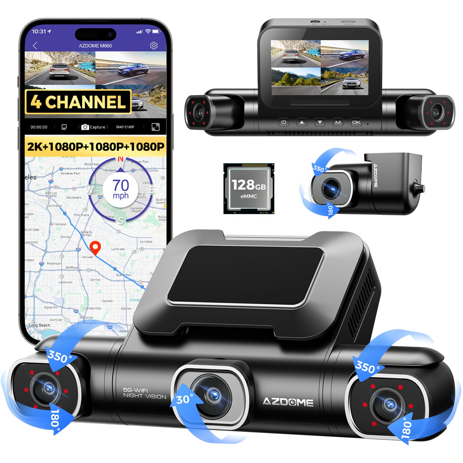 AZDOME 4 Kanal 4K dashcam Auto 360 Grad mit 128GB eMMC, 2.5K+3 * 1080P Dashcam, 5G WiFi, Sprachsteuerung Dashcam Auto Vorne Hinten, IR Nachtsicht, Parkmodus, Erinnerung bei Müdigkeit am Steuer