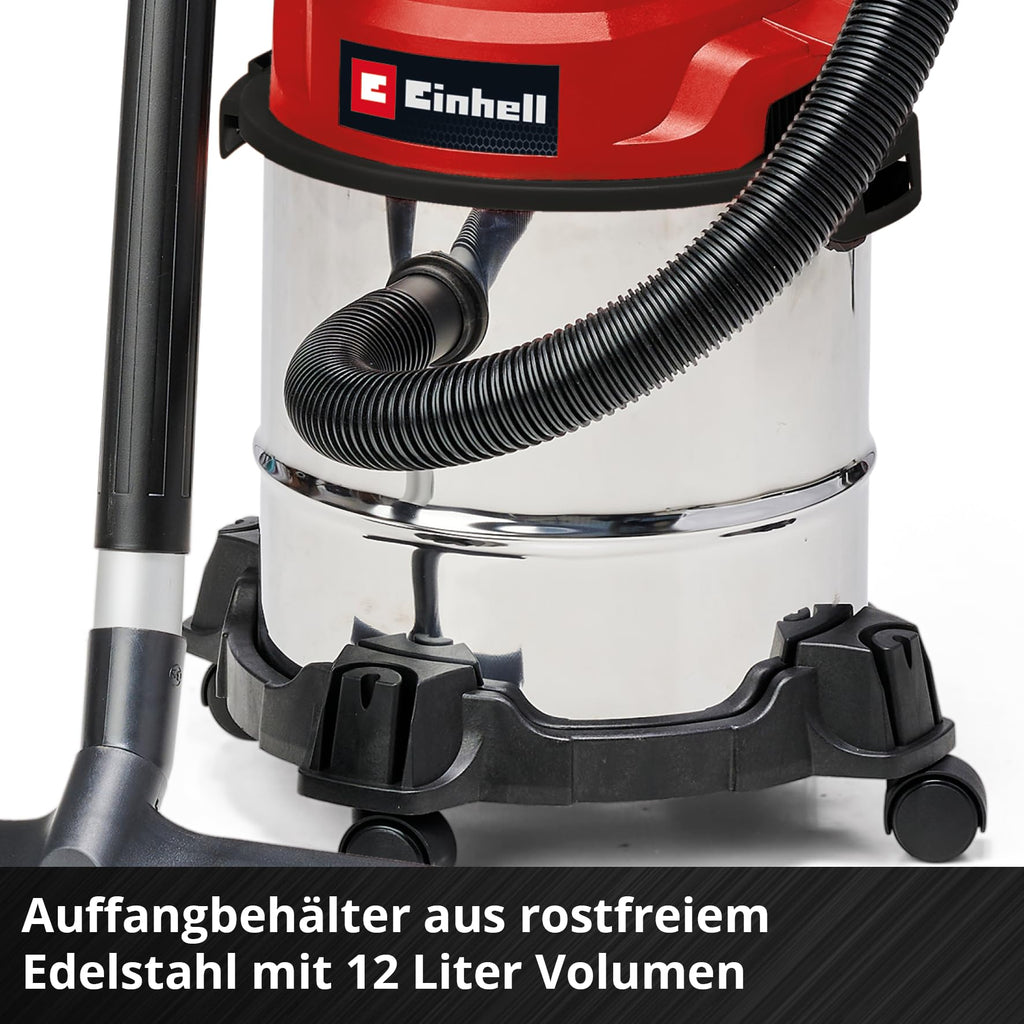 Einhell Nass-Trockensauger TC-VC 1812/1 S (1250 W, 180 mbar, 4 Lenkrollen, 12 L Behälter, inkl. Fugen- & Kombidüse, Schaumstofffilter, Schmutzfangsack & Filterbeutel)