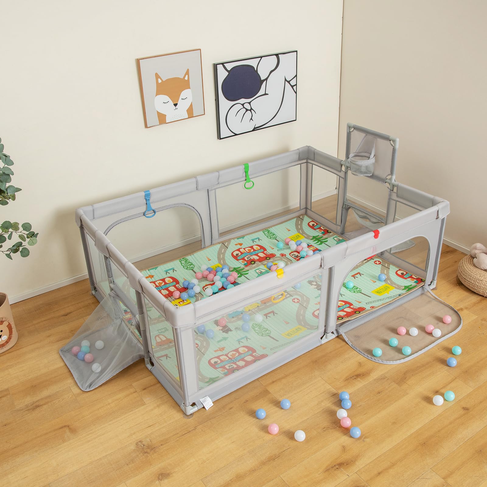 COSTWAY 188 x 157cm Laufstall Baby Faltbar, Laufgitter mit Matratze, Basketballkorb, Fußballnetzen, 50 Spielbällen, Krabbelgitter mit atmungsaktivem Netz, Tragetasche für Kleinkinder (Klein, Hellgrau)