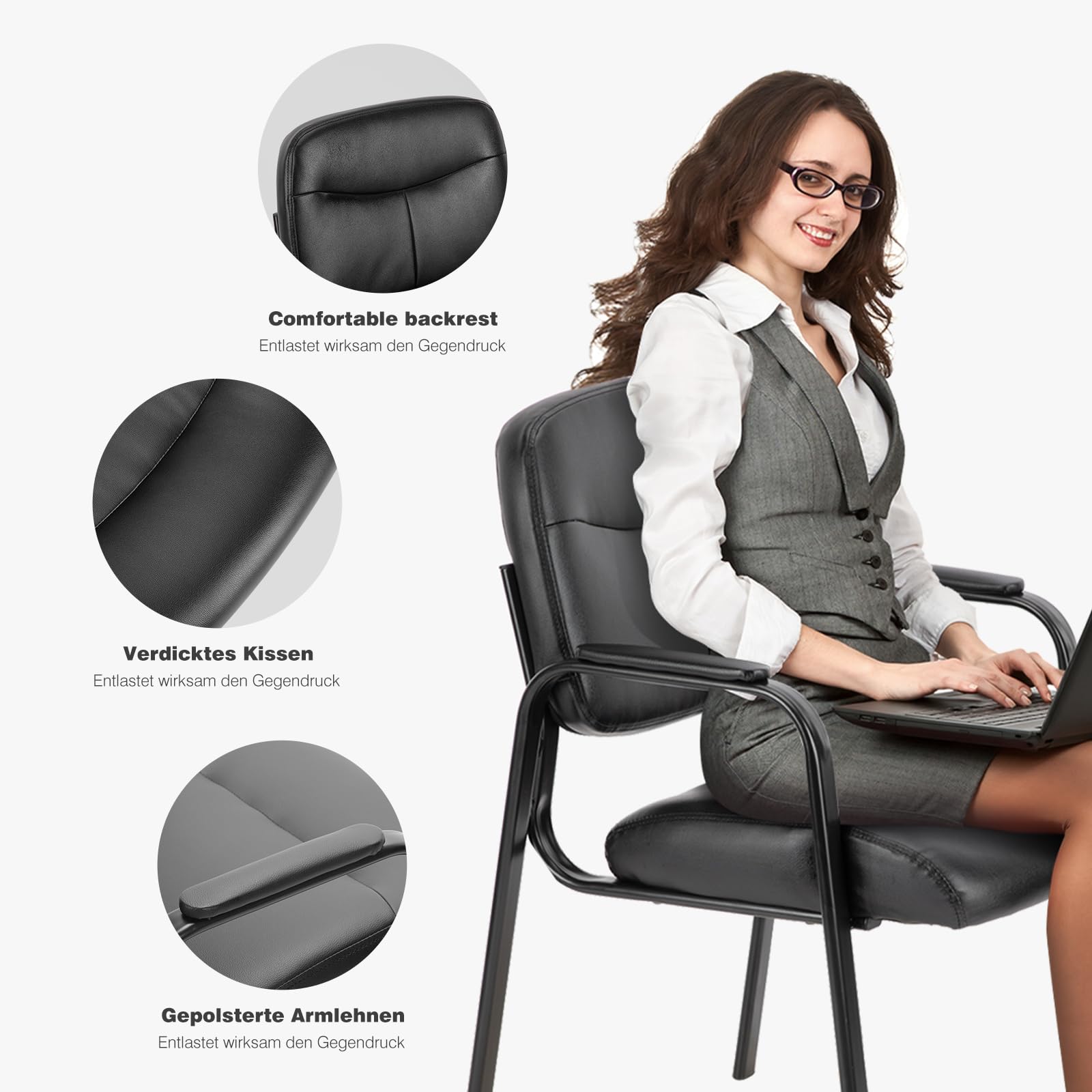 Sweetcrispy Besucherstühle, Konferenz-Empfangsstühle, Bequeme Arbeitsstühle, Bürostühle mit hochwertiger Halbpolsterung und Kunstlederbezug, Wartezimmerstuhl mit Armlehnen, gepolstert, 1er-Set