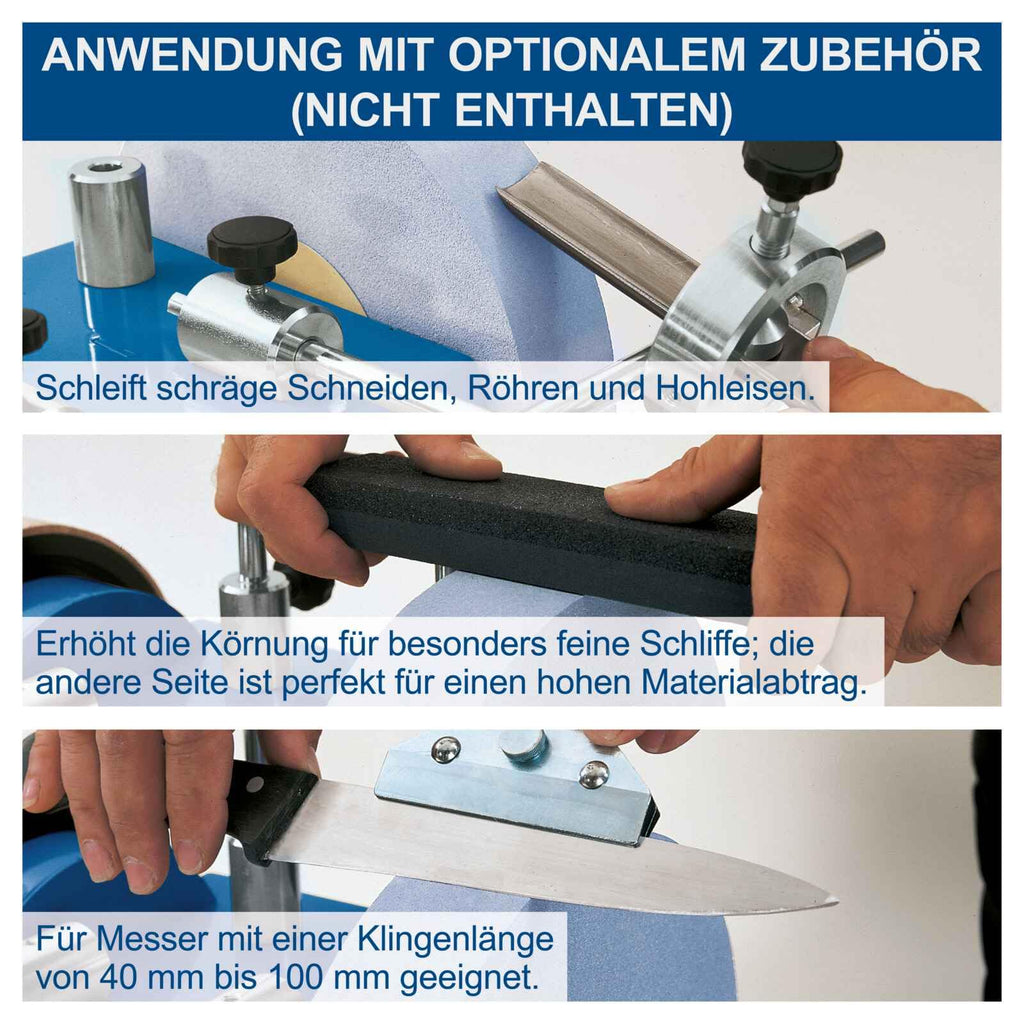 Scheppach Nass-Schleifsystem TIGER2500 mit Stahlgehäuse Nass-Schleifmaschine Nassschleifer | 200W Leistung | Schleifstein aus Edelkorund mit Ø250mm | inkl. Abziehpaste, Winkellehre, Schleifvorrichtung