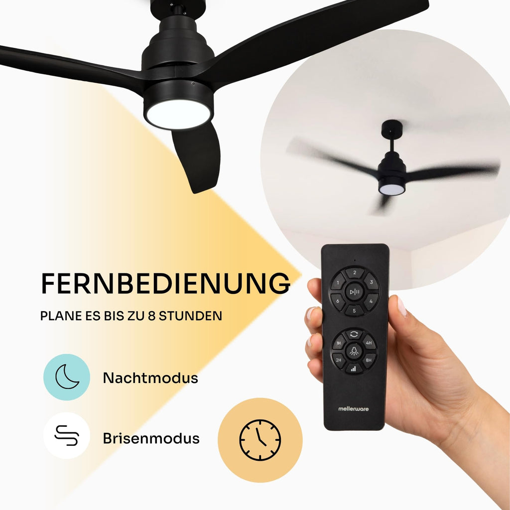 Mellerware - Deckenventilator mit Fernbedienung Brizy Bright | 45W | 6 Geschwindigkeiten | Sehr Leise | 3 Flügel 132 cm Durchmesser | Sommer-Winter-Funktion | Timer | LED | Black