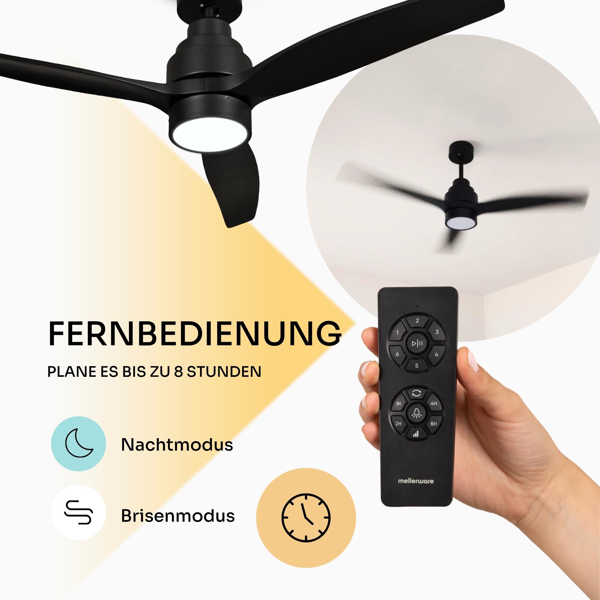 Mellerware - Deckenventilator mit Fernbedienung Brizy Bright | 45W | 6 Geschwindigkeiten | Sehr Leise | 3 Flügel 132 cm Durchmesser | Sommer-Winter-Funktion | Timer | LED | Black