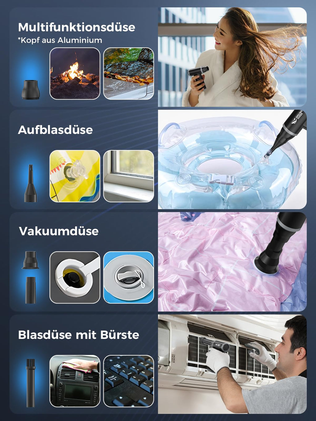Smiling Shark Elektrische Staubgebläse Luftdruckspray, J01 aus Aluminum 130000 U/min Druckluft Compressed Air Duster mit Stufenloser Regelung Mehrzweck-Jet-Lüfter für PC/BBQ/Auto/Camping, Schwarz