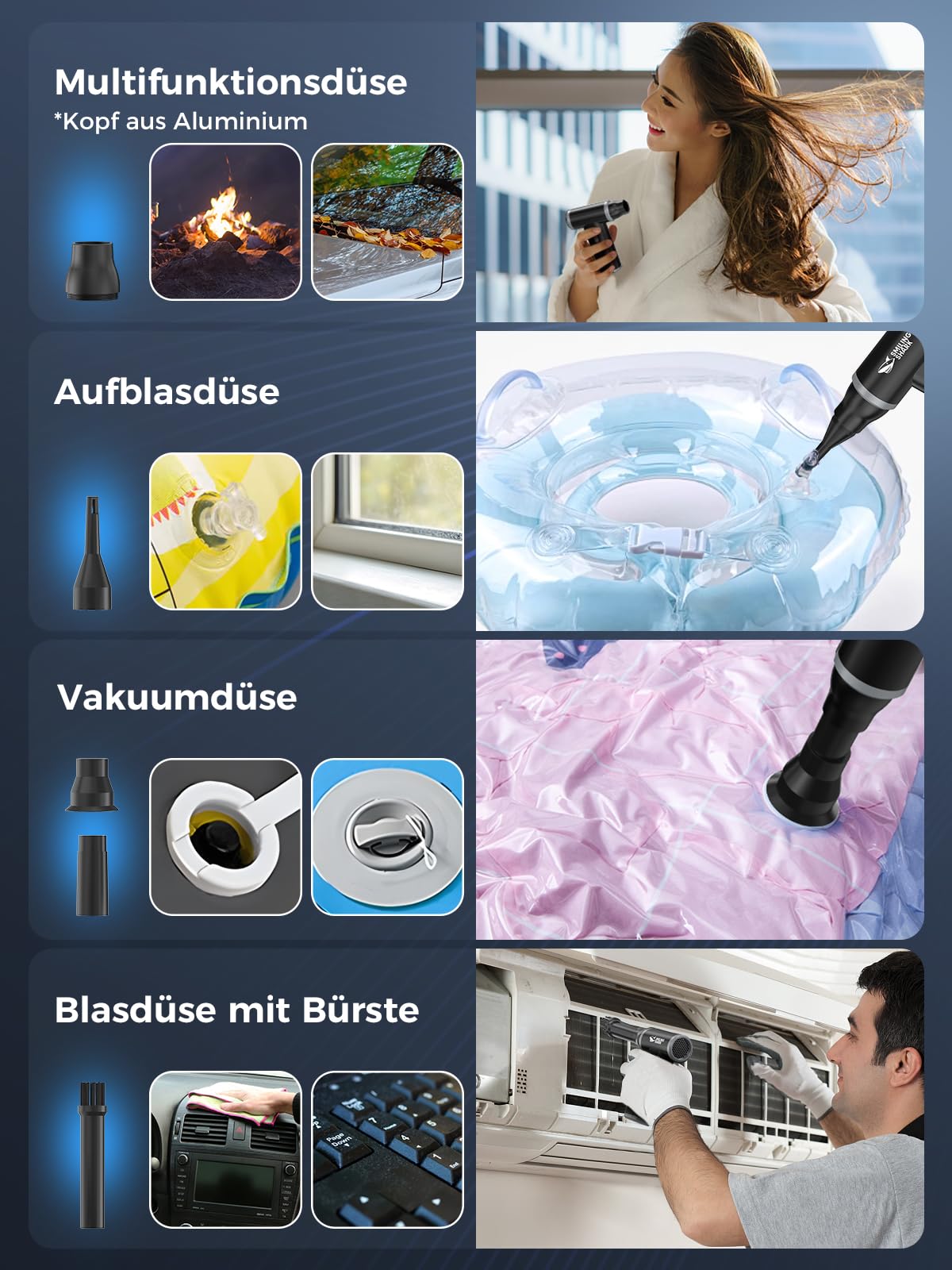 Smiling Shark Elektrische Staubgebläse Luftdruckspray, J01 aus Aluminum 130000 U/min Druckluft Compressed Air Duster mit Stufenloser Regelung Mehrzweck-Jet-Lüfter für PC/BBQ/Auto/Camping, Schwarz