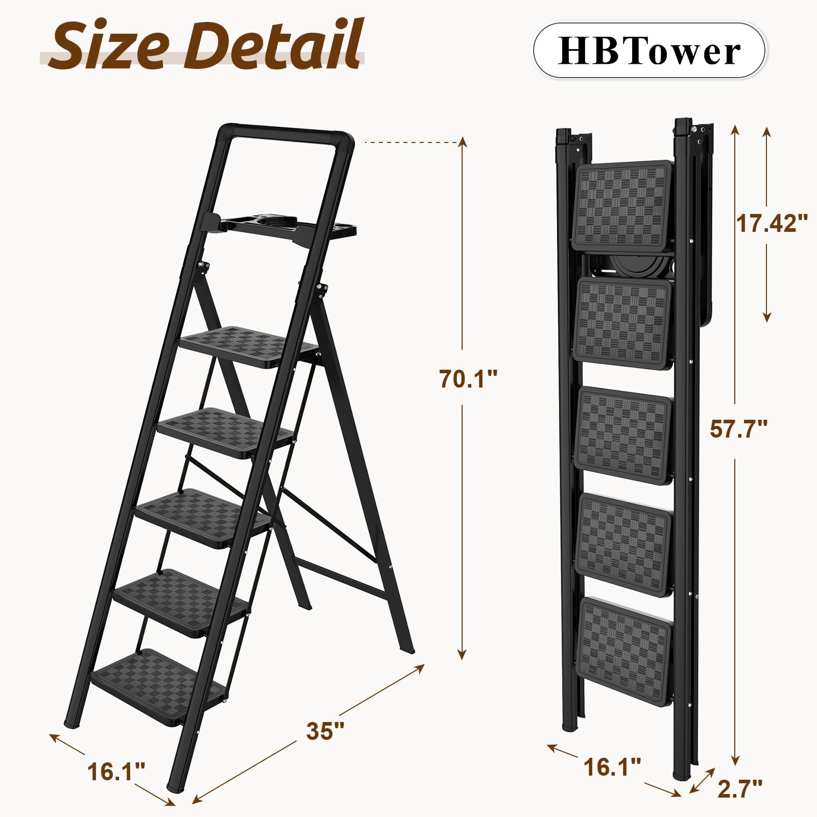 HBTower Trittleiter 5 Stufen Klappbar, Leiter 5 Stufen,stufenleiter,Leiter mit breitem Anti-Rutsch-Pedal, Tritthocker, Tritthocker mit 150kg Kapazität,Schwarz